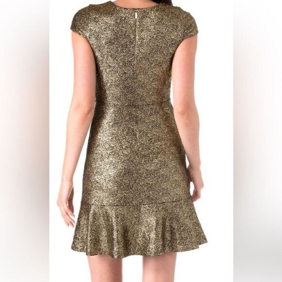 Michael Kors Gold Foil Cap Sleeve Flounce Cocktail Dress, Size M, NWT - Picture 2 of 12